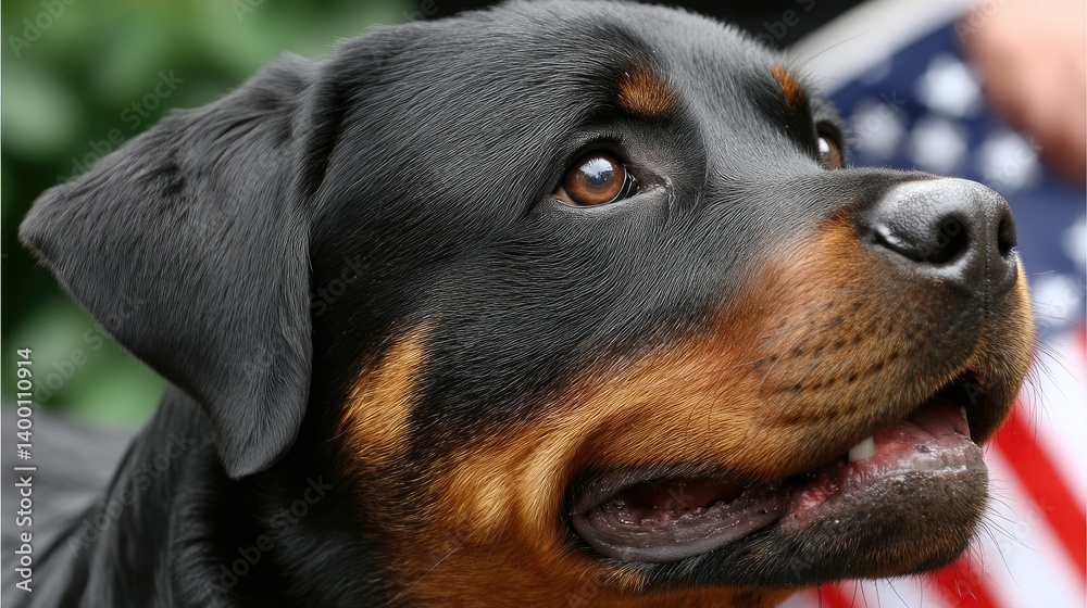 Obraz premium Rottweiler with expressive eyes enjoys a moment outdoors under natural light in a park setting, showcasing its friendly and loyal nature