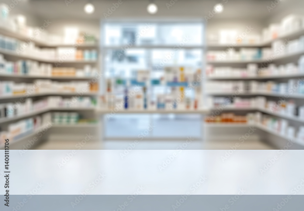 Empty white counter table top in front of blurred pharmacy shelves for product display mock up and healthcare advertisement background with a clean and modern aesthetic Empty white counter table top in front of blurred pharmacy shelves for product display mock up and healthcare advertisement background with a clean and modern aesthetic