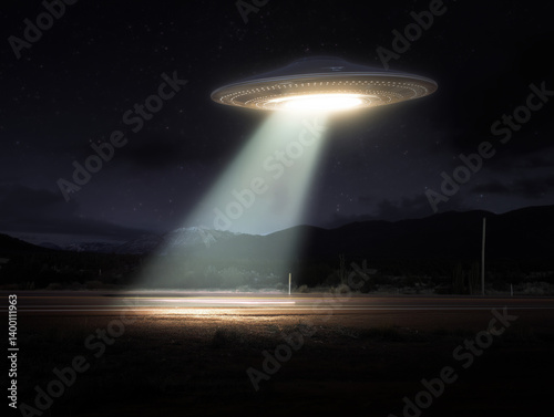 Fototapeta Naklejka Na Ścianę i Meble -  Alien spaceship hovering over desert road at night