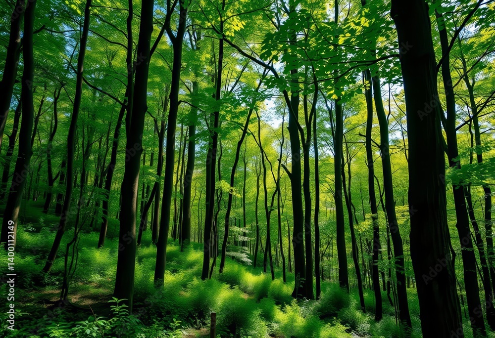 Lush green Caucasus forest, towering trees, sun-dappled undergrowth, outdoor, serene Lush green Caucasus forest, towering trees, sun-dappled undergrowth, outdoor, serene