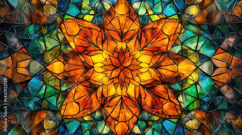 Vibrant Stained Glass Abstract Art Featuring Intricate Flower Design in Warm Orange and Cool Blue Tones