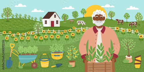 Sustainable and regenerative gardening concept. Nature spring farm background. Farmer with garden box with seedlings, garden equipment, livestock. Vector flat banner.