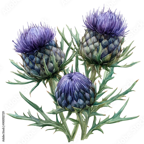 Thistle Branch, vector watercolor illustration, isolated on a white background.