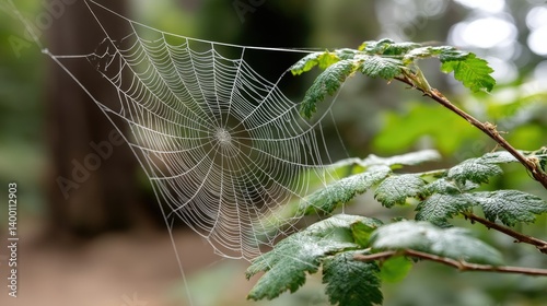 Wallpaper Mural A delicate spider web sparkles beautifully in the soft morning light, resting upon a lush green shrub in a serene forest setting Torontodigital.ca