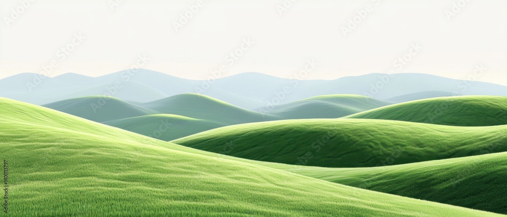 Rolling Green Hills Landscape with Soft Light and Distant Mountains Capturing Serenity and Tranquility in a Minimalist Style Rolling Green Hills Landscape with Soft Light and Distant Mountains Capturing Serenity and Tranquility in a Minimalist Style