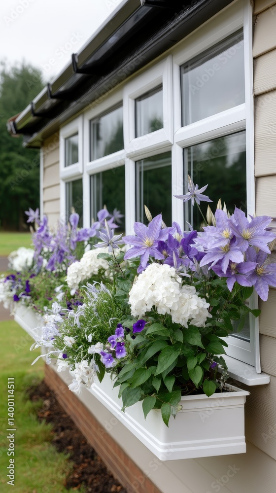 Naklejka premium Vibrant flower boxes elegantly decorate the exterior of a delightful house, nestled in a peaceful garden under a bright, sunny sky