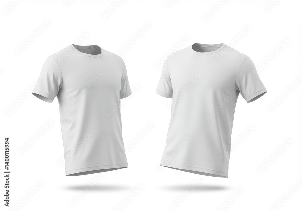 Two white t shirts floating on a white background in a studio setting for product presentation