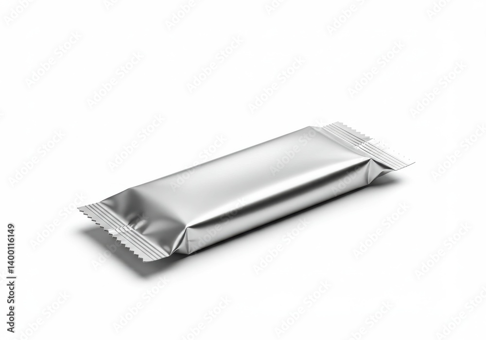 A single shiny silver foil wrapped rectangular package lying on a white surface in a studio setting A single shiny silver foil wrapped rectangular package lying on a white surface in a studio setting