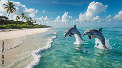 Dolphins jumping happily above the turquoise ocean waves near a pristine sandy beach, vibrant atmosphere, copy space
