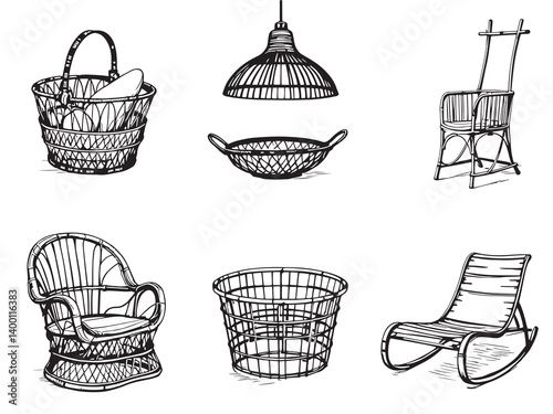 Minimal Rattan Chair Sketches