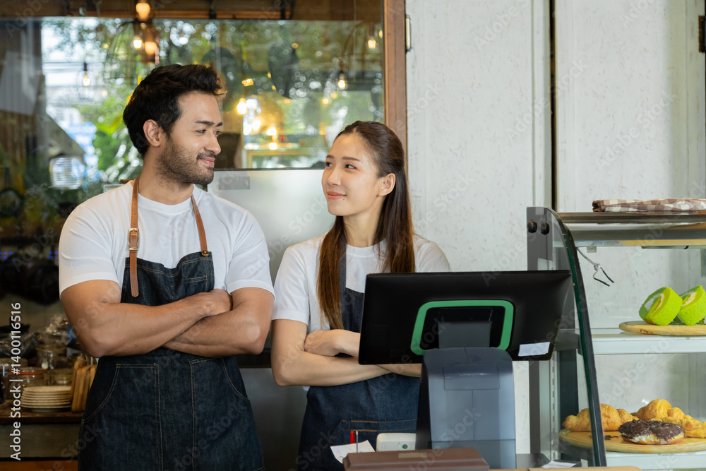 Obraz premium Multiethnic barista couple looking camera happy start-up cafe small business entrepreneur, Indian worker and wife holding laptop technology and tablet for online order and bookkeeping management