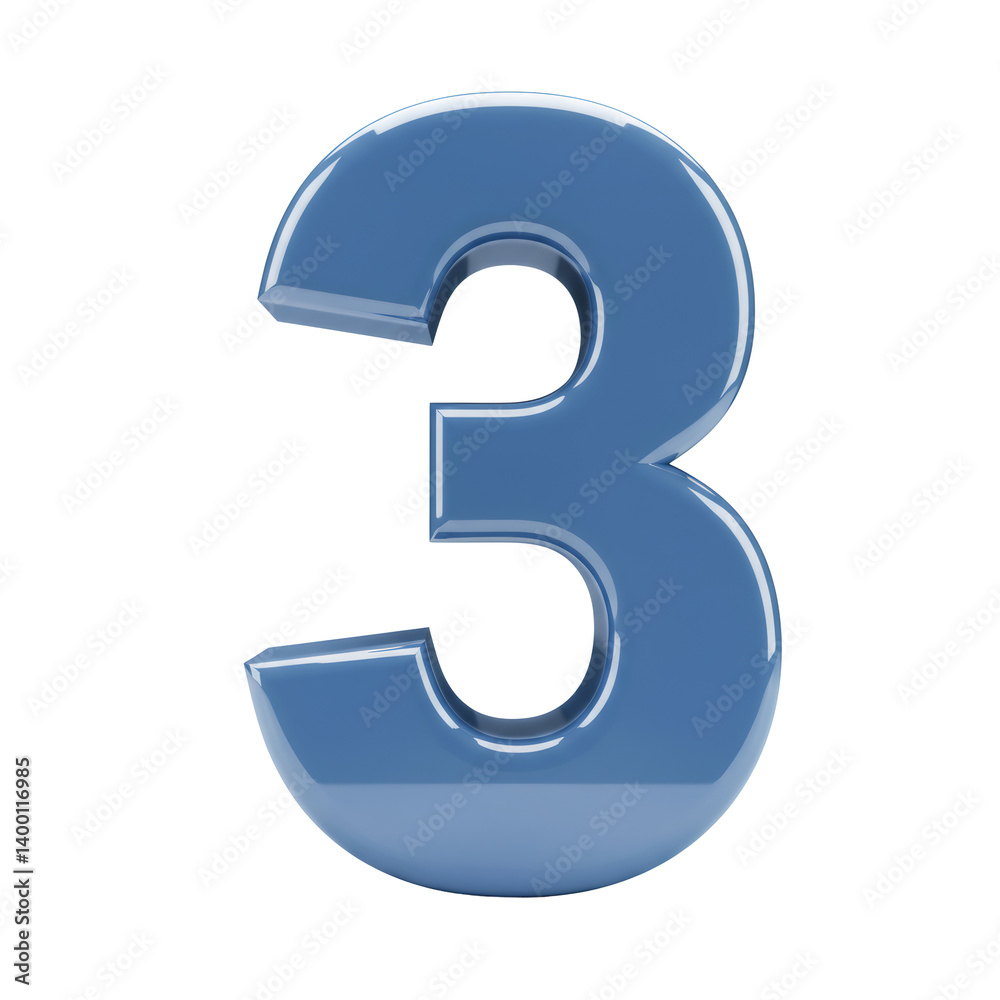 Glossy Blue Number Three on Transparent Background Glossy Blue Number Three on Transparent Background