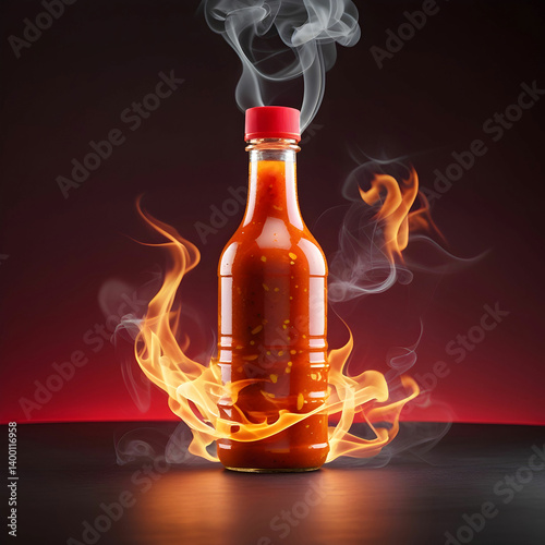 Chili sauce bottle with fire