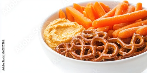 White background showcasing snack bowl: hummus, pretzels, carrot sticks.