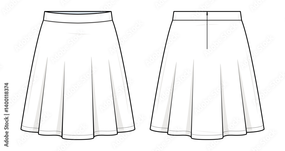Flared A-Line Mini Skirt Technical Fashion Illustration. Silk Flowy Skirt Vector Template. Front and Back View. High-Waist Fit. Soft Draped Silhouette. White Color. CAD Mockup Set.