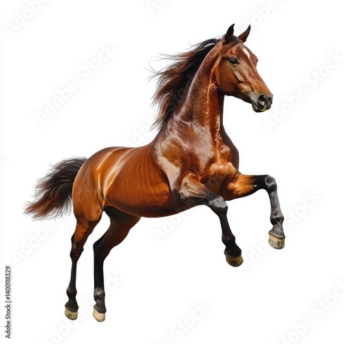 Powerful bay horse in mid-stride.  A majestic, reddish-brown horse leaps gracefully against a pure white background, showcasing its powerful musculature and flowing mane and tail.  