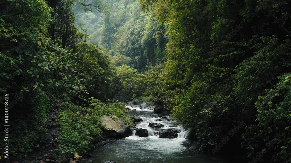 Jungle waterfall cascade in tropical rainforest with rock and turquoise blue pond at Sekumpul waterfall in Bali island, Indonesia.
