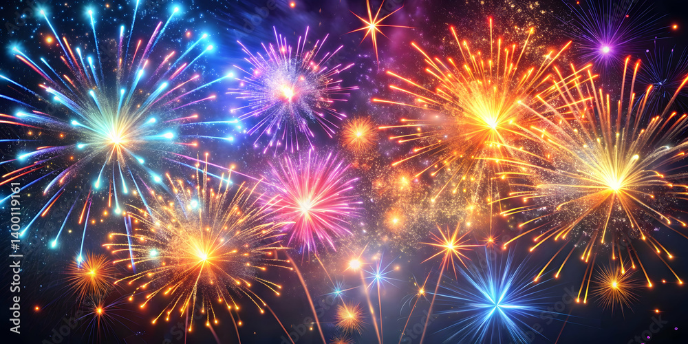 Fototapeta premium Modern digital fireworks with light streaks and glowing particles