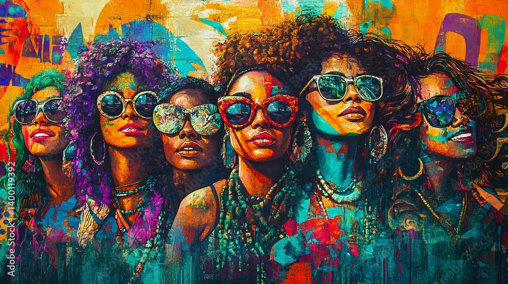 Vibrant art featuring six stylish women with colorful hairstyles and sunglasses, exuding confidence and cultural beauty against a vivid background. Vibrant art featuring six stylish women with colorful hairstyles and sunglasses, exuding confidence and cultural beauty against a vivid background.