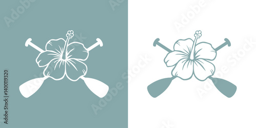 Logo vacaciones en Hawái. Silueta de flor de hibisco con remos cruzados de kayak o canoa