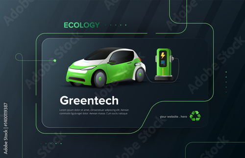 Modern 3D electric car with charging station concept background. Green tech ecology template. Vector illustration.