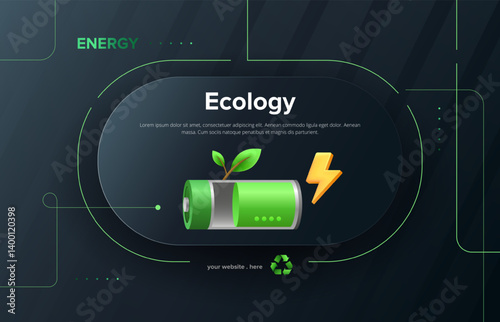 Modern 3D sustainable energy concept with eco battery background. Ecology line art style design template. Vector illustration.