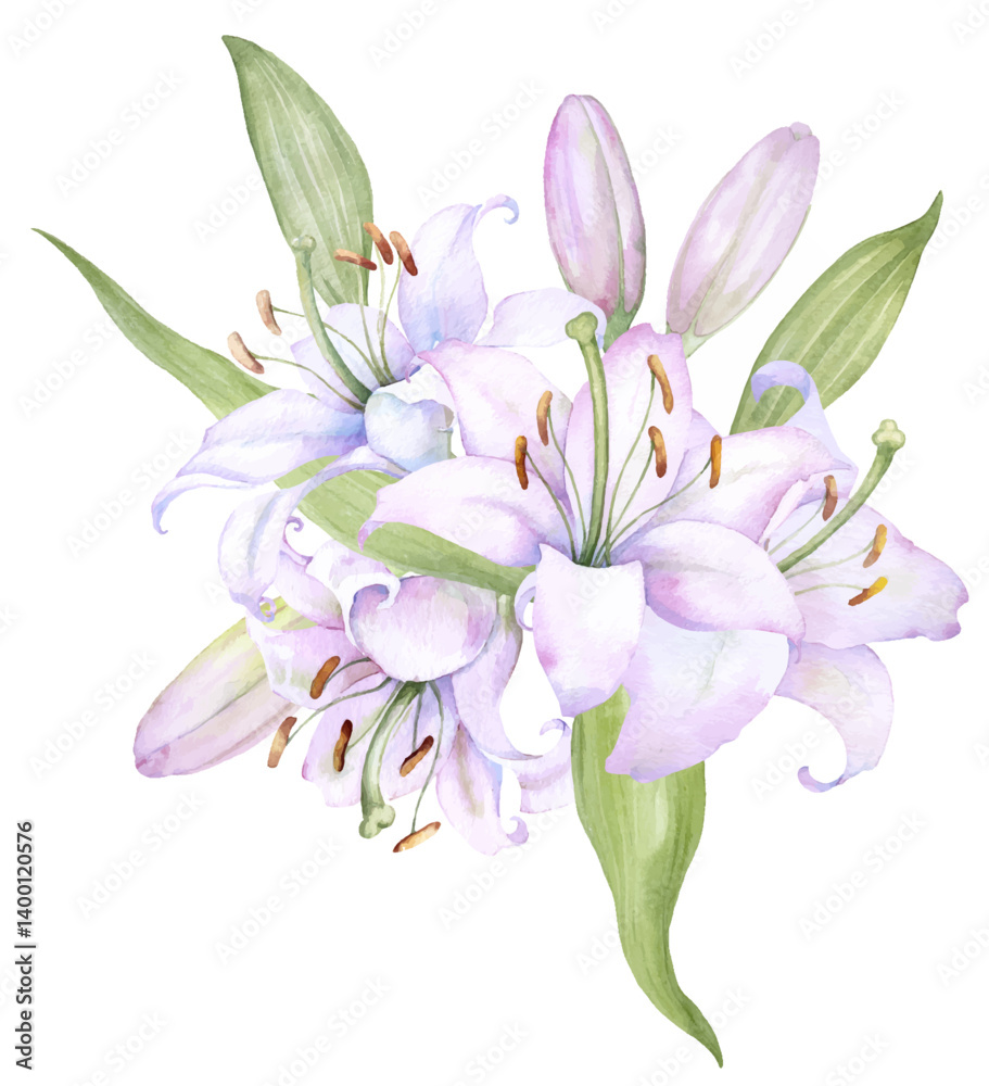 Fototapeta premium Bouquet white lilies, pink lilies, flowers and buds watercolor flower arrangement