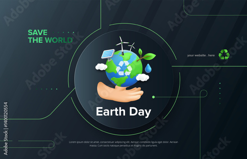 3D earth day concept design with hand holding green eco earth. Save the planet design template. Vector illustration.