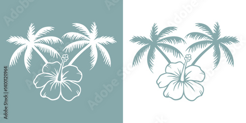 Logo vacaciones en Hawái. Silueta de flor de hibisco con palmas cruzadas 