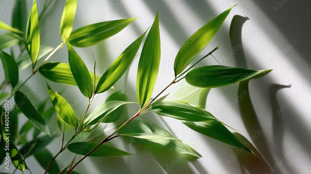 Obraz premium Gentle Bamboo Leaves Casting Shadows on White Wall, Backlit by Soft Sunlight, Creating a Peaceful Spring Equinox Atmosphere