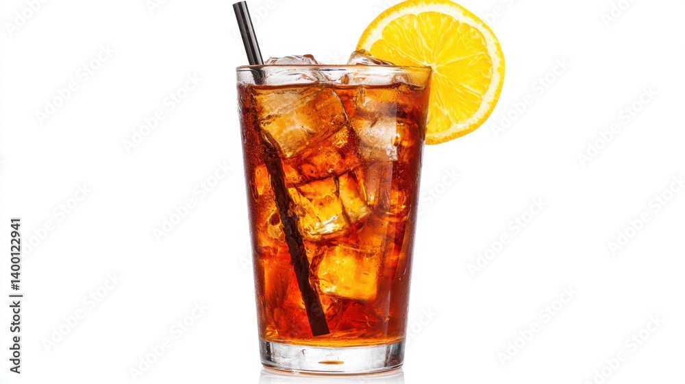 Refreshing iced tea with lemon slice and straw in glass on white background studio shot beverage Refreshing iced tea with lemon slice and straw in glass on white background studio shot beverage