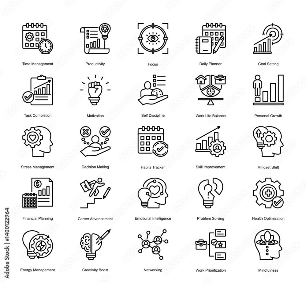 Capture the essence of structured living with this well-rounded icon collection on planning, productivity, and wellness. Capture the essence of structured living with this well-rounded icon collection on planning, productivity, and wellness.