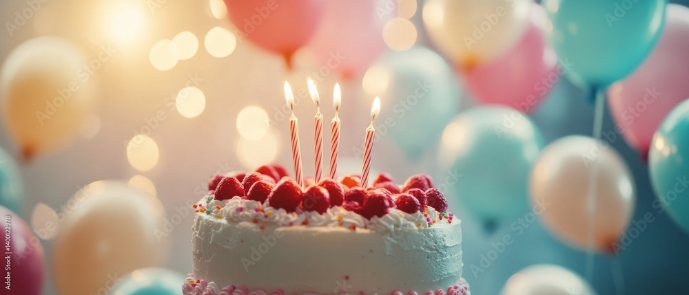 Bright cake with berries and candles on a background of balloons, perfect for holiday cards and advertising children's parties.