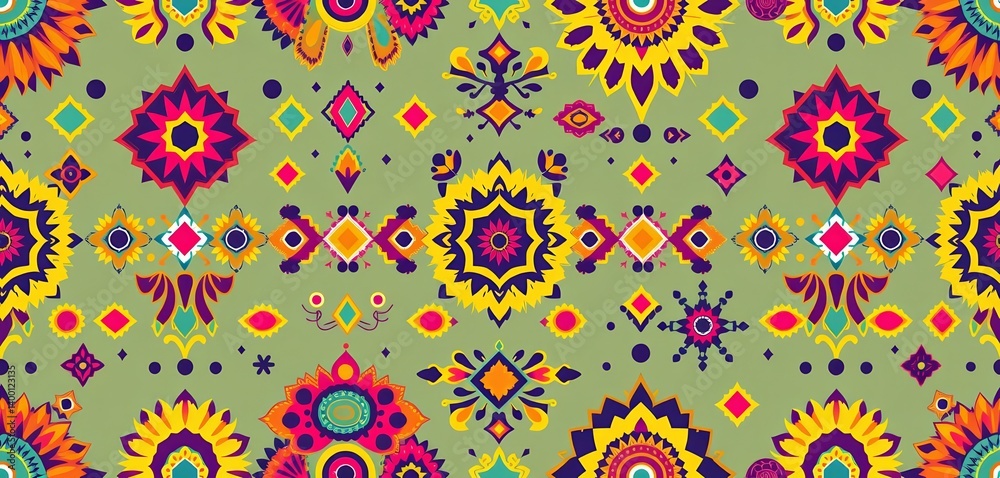 Modern boho chic seamless pattern featuring vibrant ethnic and tribal motifs , handcrafted, repeat Modern boho chic seamless pattern featuring vibrant ethnic and tribal motifs , handcrafted, repeat