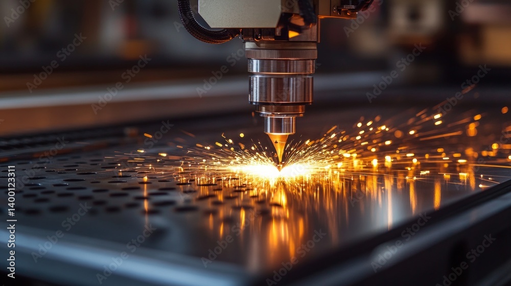 Laser cutting metal with sparks, demonstrating the precision and power of industrial equipment. Suitable for articles on manufacturing, technology and innovation.