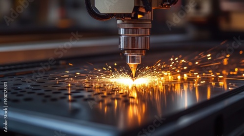 Obraz na płótnie Laser cutting metal with sparks, demonstrating the precision and power of industrial equipment. Suitable for articles on manufacturing, technology and innovation. w salonie
