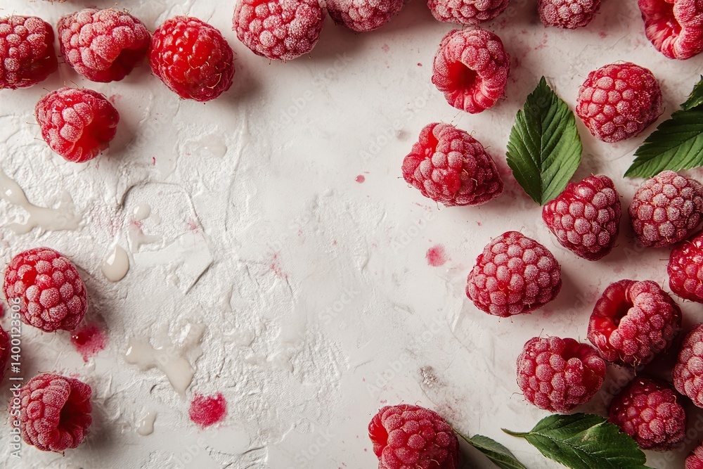 Scattered raspberries with light frost covering the surface. Vibrant colors and natural lighting. Scattered raspberries with light frost covering the surface. Vibrant colors and natural lighting.