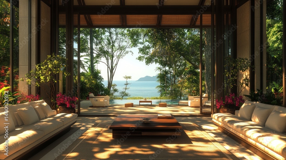 Luxurious view of tropical landscape with pool and ocean, surrounded by greenery and modern furniture. Suitable for advertising hotels, resorts, luxury real estate.