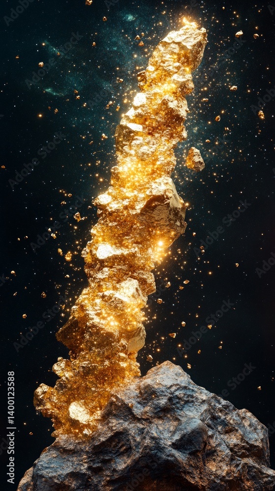 Abstract image of golden rock with sparks on black background. Background for cover design, luxury advertising.