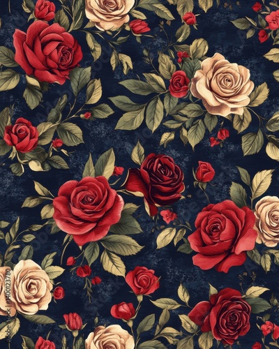 Wallpaper Mural Elegant floral pattern with red and cream roses amidst green foliage on a dark blue textured background romantic and vintage style Torontodigital.ca