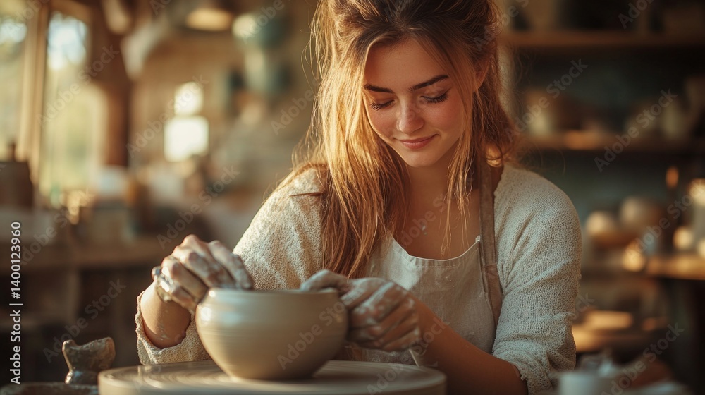 Young woman molding pottery on a potter's wheel in a workshop. Ideal for articles about creativity, hobbies and crafts.