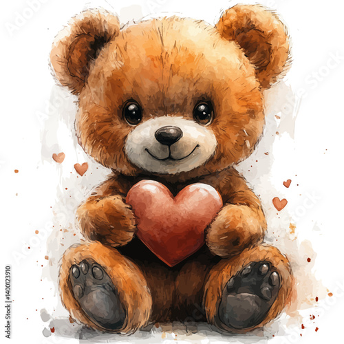 Teddy Bear Holding Heart, vector watercolor illustration, isolated on a white background.