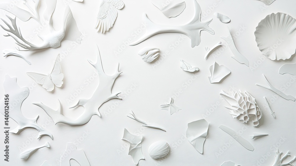 Artistic white background displaying various natural elements and shapes contemporary minimalist style Artistic white background displaying various natural elements and shapes contemporary minimalist style
