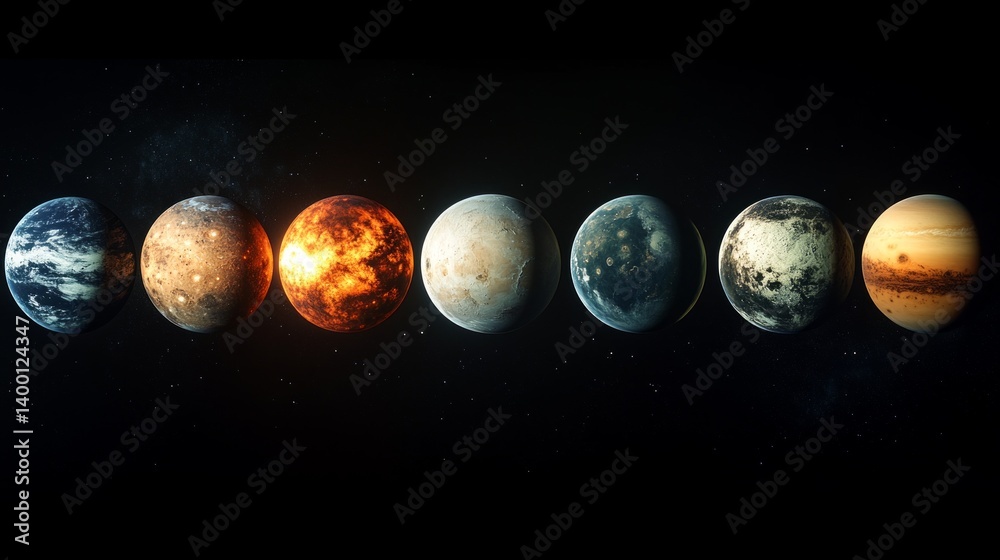 Cosmic illustration of solar system planets on starry sky background, suitable for scientific articles, educational materials.