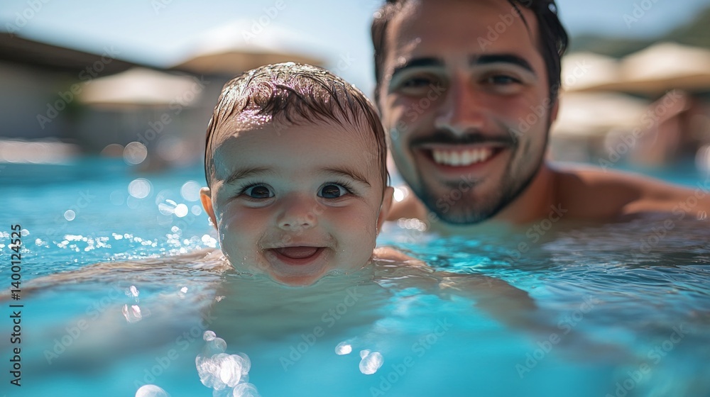 Happy father and child swimming in the pool, sunny day, joy on faces. For advertising family resorts, swimming pools.