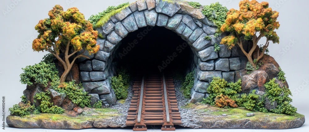 Detailed model of a railway tunnel with rails and greenery, for modeling and architectural projects.