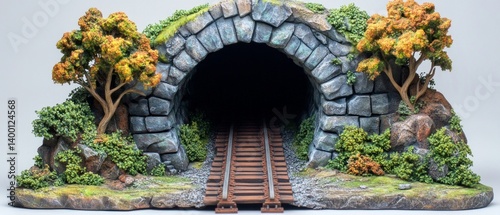 Obraz na płótnie Detailed model of a railway tunnel with rails and greenery, for modeling and architectural projects. w salonie