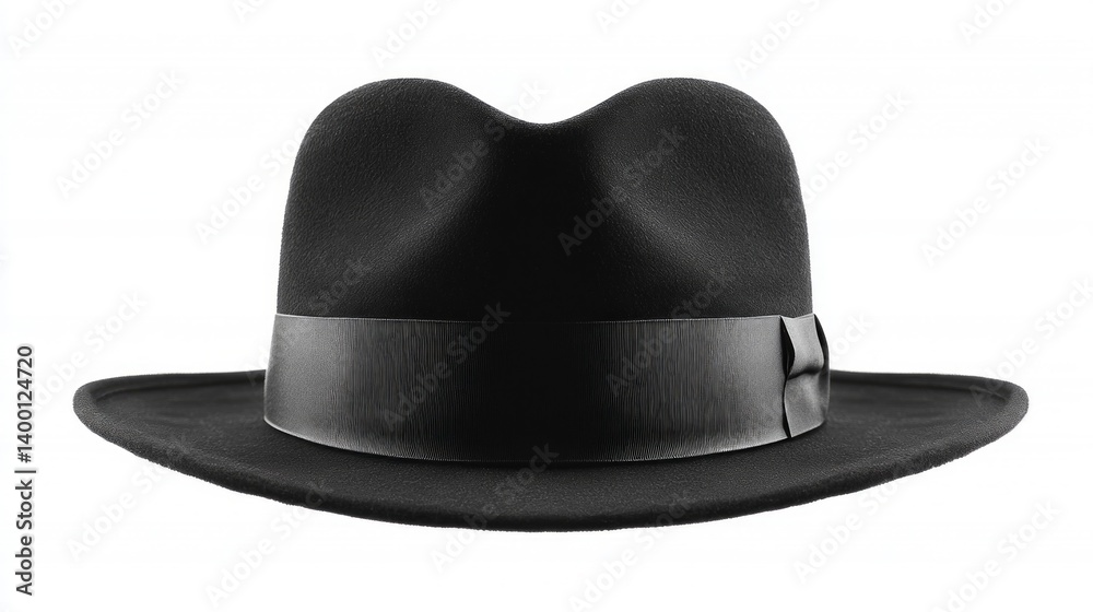 Black hat with wide brim and decorative ribbon, a stylish accessory for men. In fashion magazines, on accessory websites, in advertisements of stylish clothes.