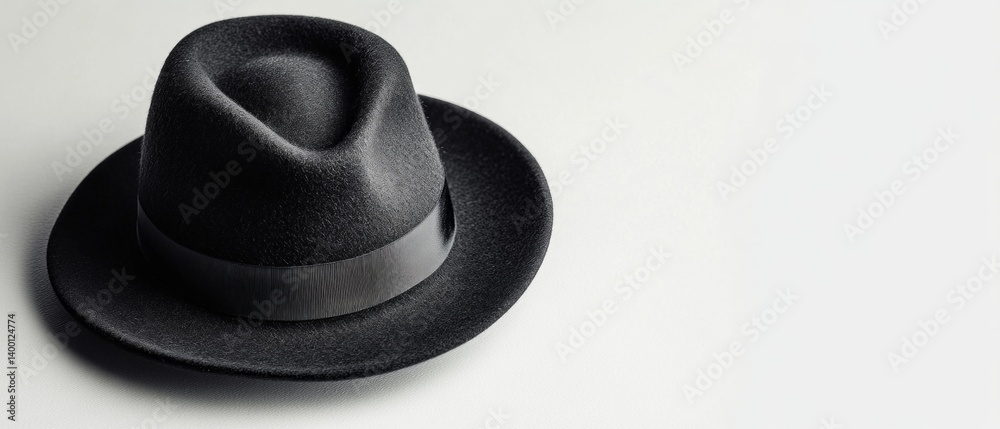 Elegant black hat with silk ribbon, classic style for men, emphasizes respectability and elegance. In fashion accessories ads, on menswear websites, style blogs.