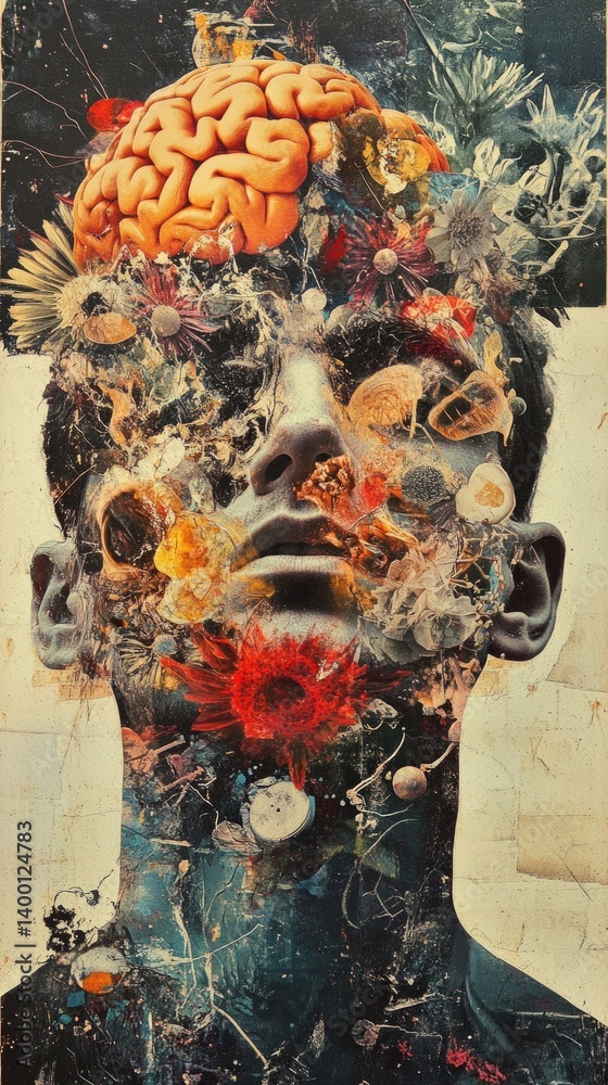 An abstract image with a human skull decorated with flowers and a brain, creating a surreal effect, Fon for creative projects related to art, psychology or science.